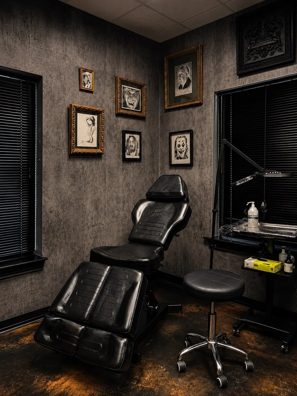 The tattoo chair in the corner of the studio, beneath six framed graphite portrait drawings.