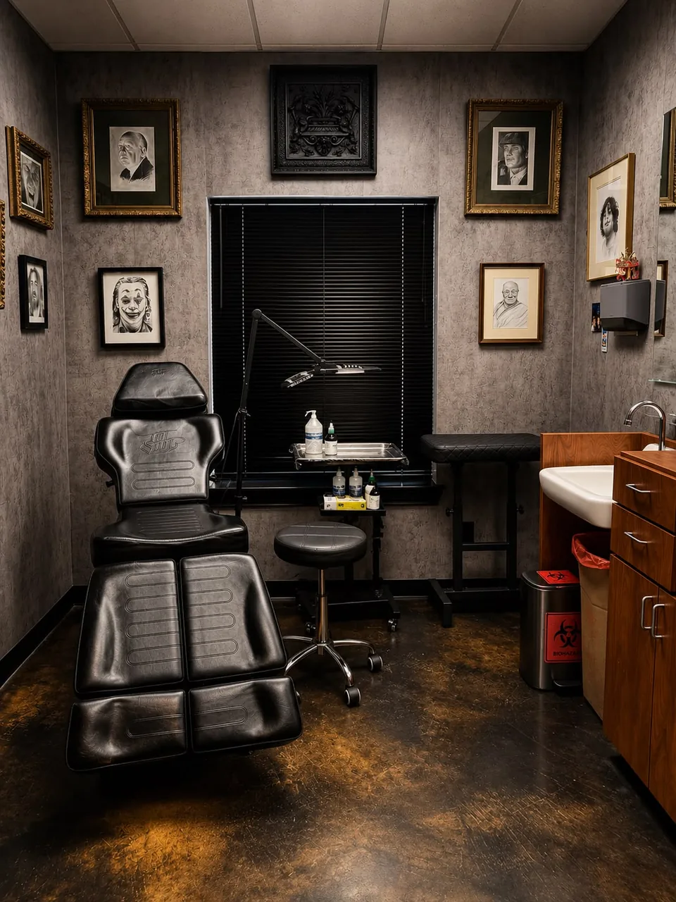 The whole studio seen from the doorway: the chair on the left, a blinded window in the centre, the sink on the right.