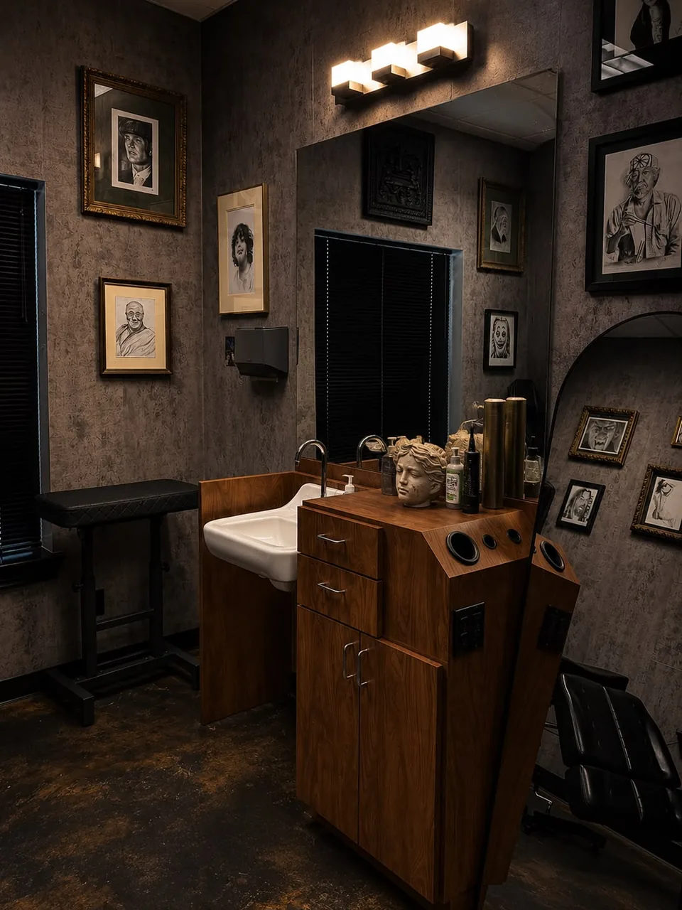 The studio's sink and wood cabinet under a lit mirror, a plaster classical head on the counter, more framed drawings around it.